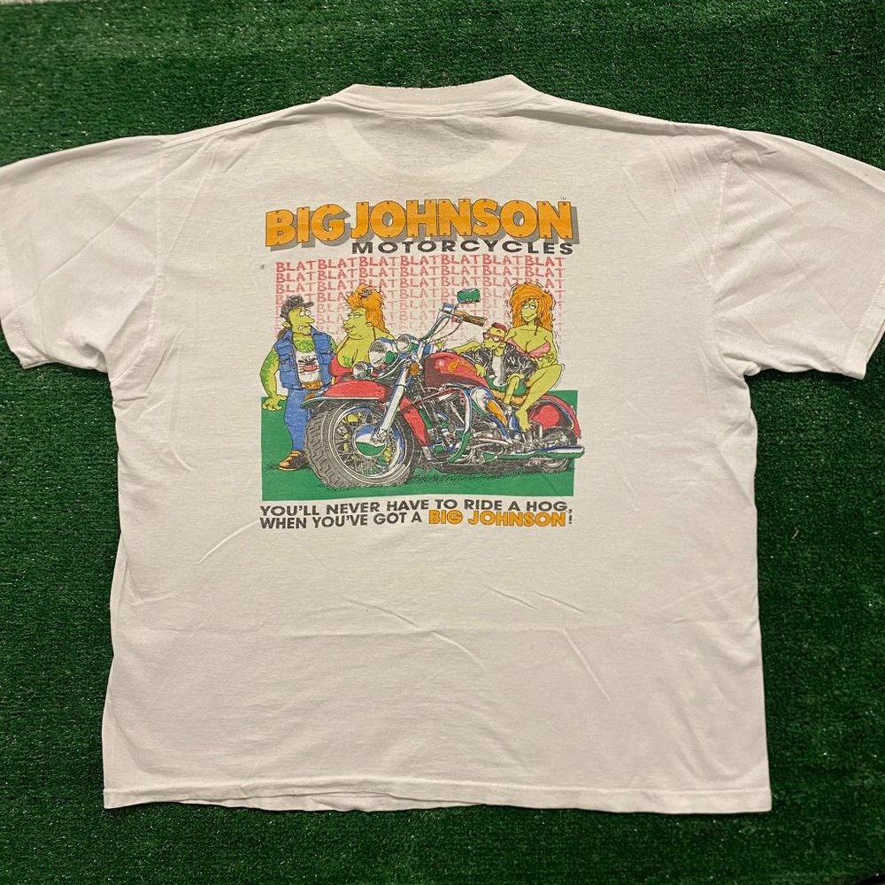 Vintage 90s Big Johnson Motorcycles T-Shirt Single Stitch White XL Sex Innuendo